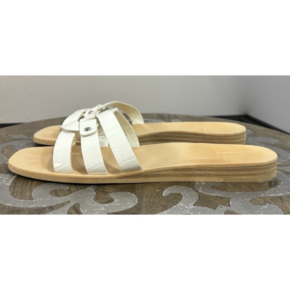 White Croc Embossed Leather Slide Sandals Minimalist Resort Euro Summer Chic 9.5